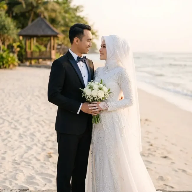 Pasangan Pengantin Pantai Tuxedo Hitam Gaun Putih Graphicography