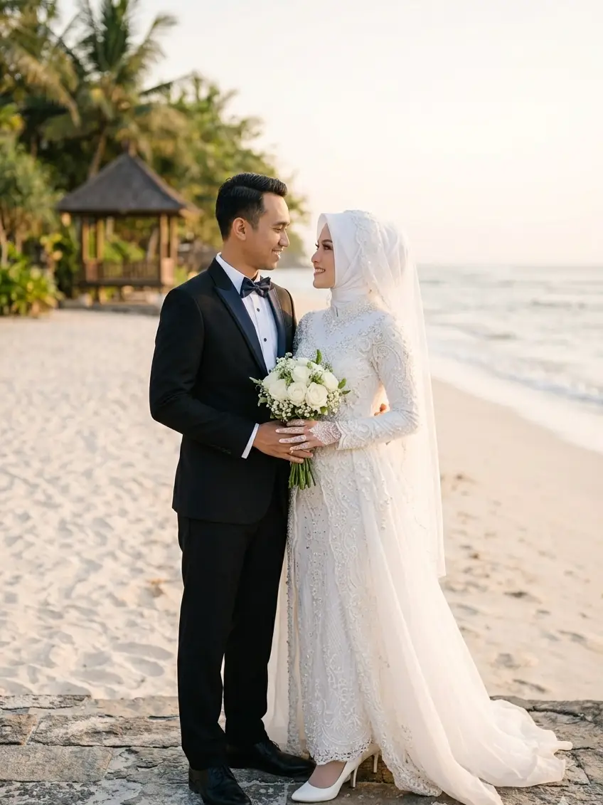 Pasangan Pengantin Pantai Tuxedo Hitam Gaun Putih Graphicography