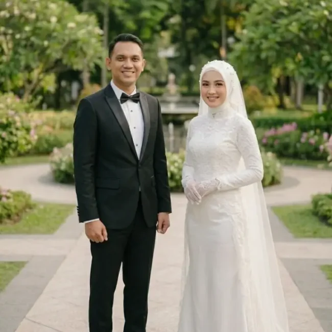 Pasangan Pengantin Taman Tuxedo Hitam Gaun Putih Graphicography pose 3