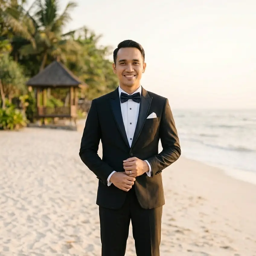 Pengantin Pria Pantai Tuxedo Hitam Graphicography Square