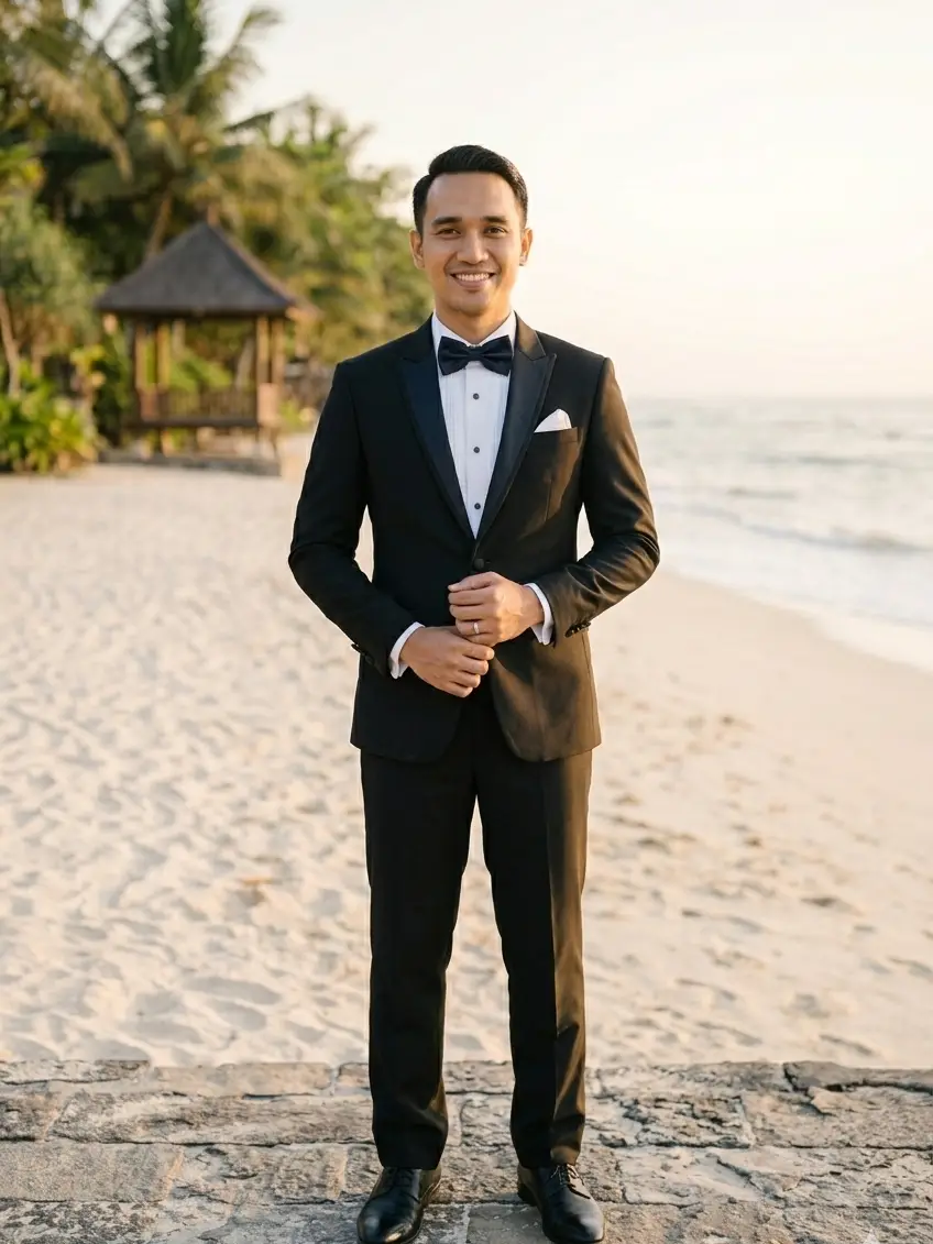 Pengantin Pria Pantai Tuxedo Hitam Graphicography