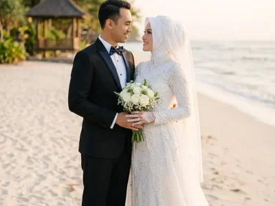 Pasangan Pengantin Pantai Tuxedo Hitam Gaun Putih Graphicography
