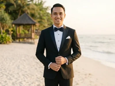 Pengantin Pria Pantai Tuxedo Hitam Graphicography Square